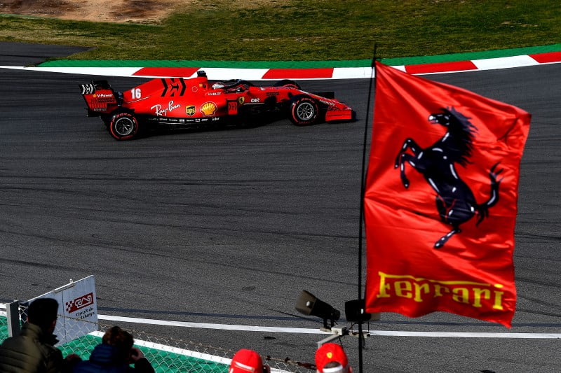 Charles Leclerc races his Ferrari at the Circuit de Catalunya in preparations to win the 2020 F1 season Constructors' Championship
