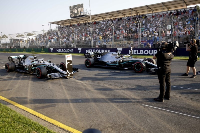 Two Mercedes F1 cars on the race track in Australia, Albert Park Circuit