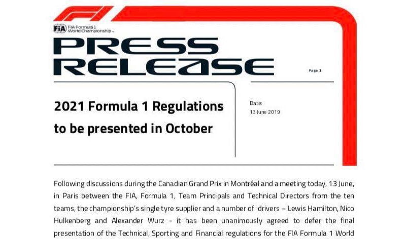 F1 2021 regulations are delayed announcement till October 2019