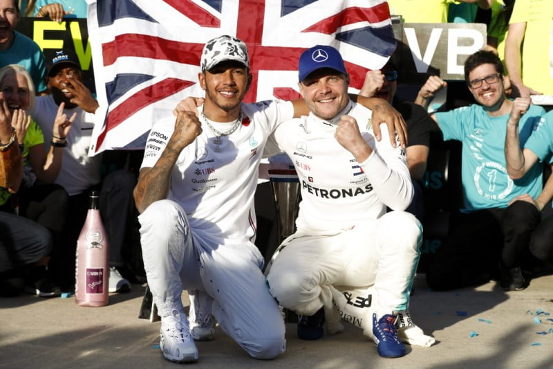 Lewis Hamilton and Valtteri Bottas win the title and race for Mercedes in the 2019 Formula 1 season.