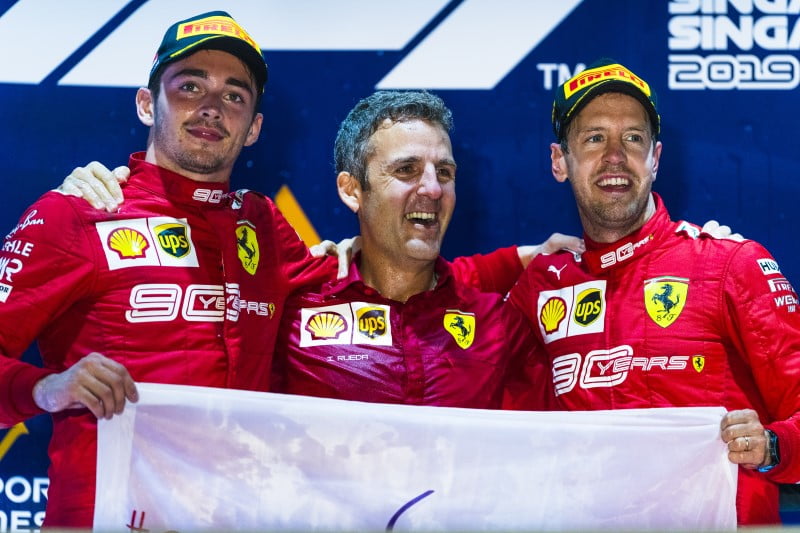 Sebastian Vettel and Charles Leclerc cheer Ferrari's 1-2 finish in the 2019 Singapore Grand Prix contested in the 2019 Formula 1 Season