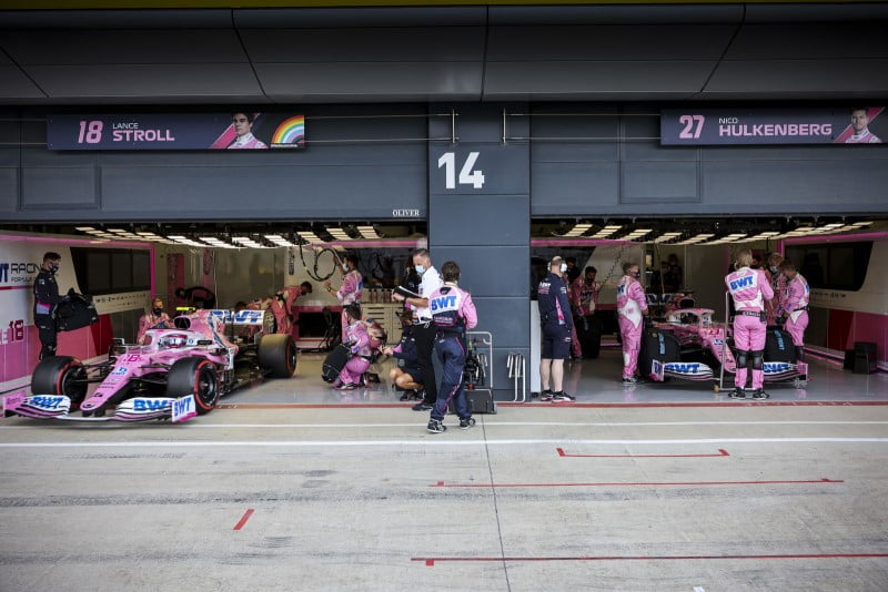 Racing Point F1 Team, the underachievers of F1 2020, prepare their cars in the pits ahead of the 2020 British GP