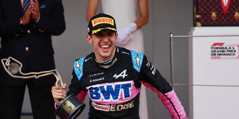 Esteban Ocon celebrates his F1 podium finish in Monaco for Alpine.