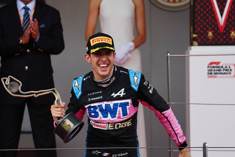 Esteban Ocon celebrates his F1 podium finish in Monaco for Alpine.